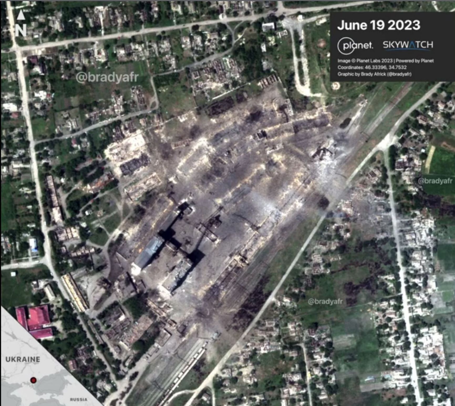 Satellite image of the aftermath of the strike on ammunition depots in Rykove